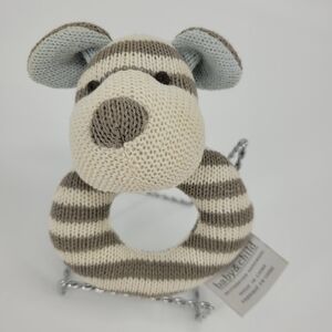 Restoration Hardware Baby Luxe Knit Puppy Dog Rattle Stripe Taupe Blue Off White
